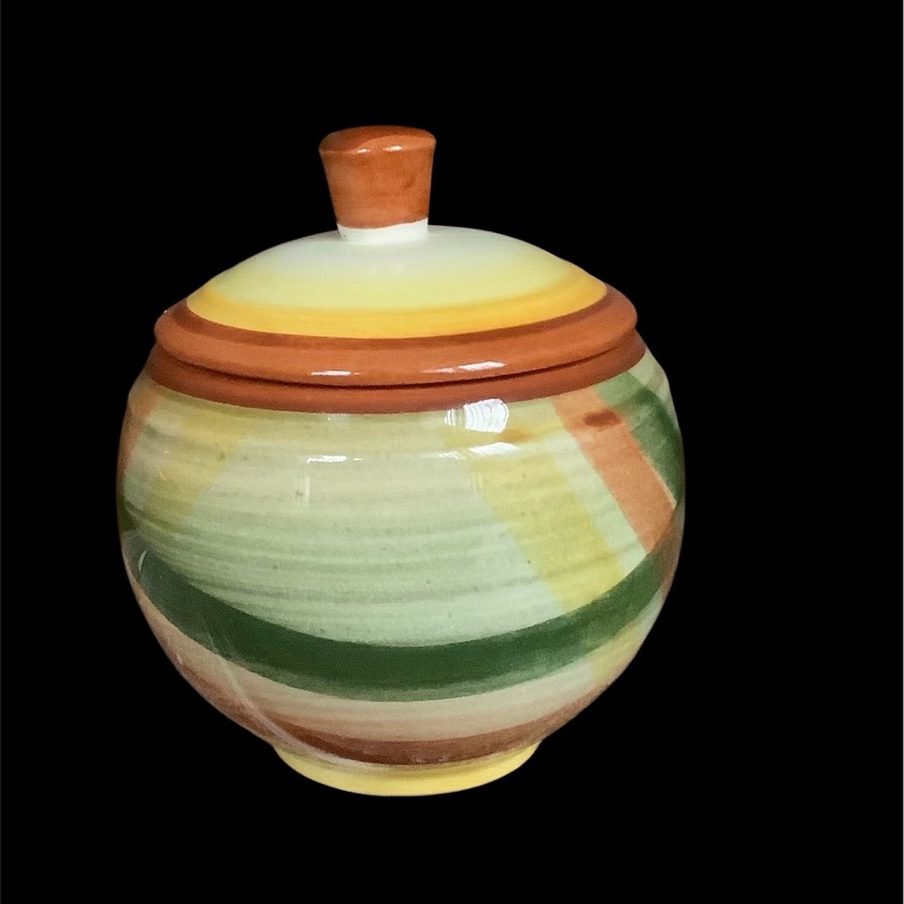 Vernonware Homespun Pattern Sugar Bowl With Lid 50s Era Made in California